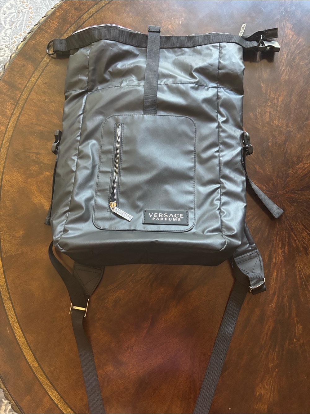 Versace Black Nylon Roll-Top Backpack with Front Zip Pocket